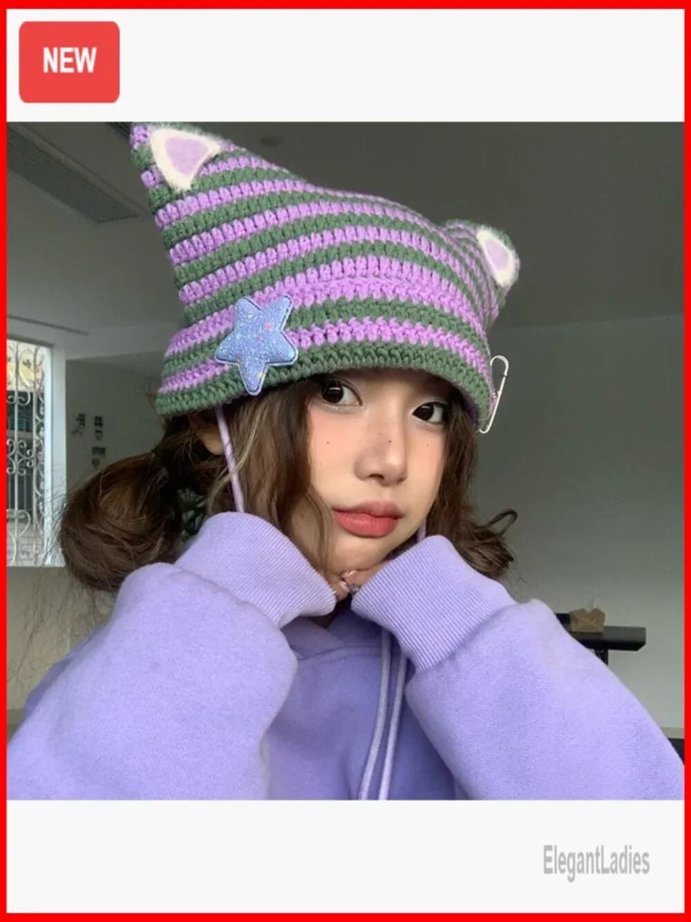 Y2K Crochet Beanie Cat Ear Star Grunge Aesthetic Pompoms Cute Kawaii Hat